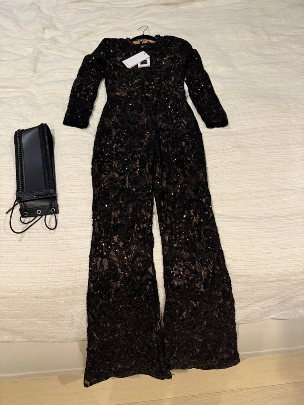 NADINE MERABI Black Sequin Lace Flared Jumpsuit - Picture 3 of 7